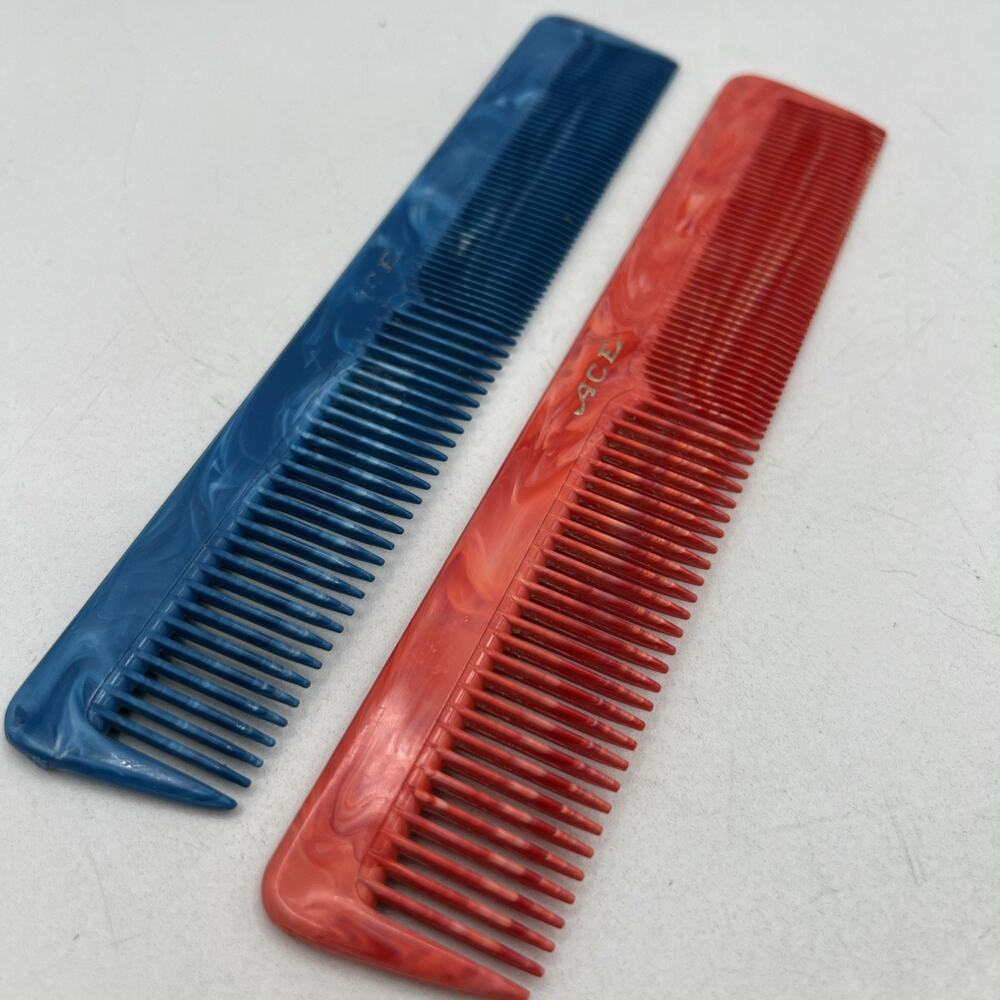 Set 2 Vintage 1970s ACE Marble Swirl Plastic Pocket Combs Red Blue 8" USA Hair